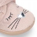 Wool knit kids Bootie home shoes with hook and loop strap and little CAT design.