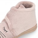 Wool knit kids Bootie home shoes with hook and loop strap and little CAT design.