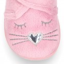 Wool knit kids Bootie home shoes with hook and loop strap and little CAT design.