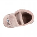 Wool knit kids Bootie home shoes with hook and loop strap and little CAT design.