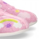 RAINBOW OKAA design Wool effect cloth Home shoes with hook and loop strap.