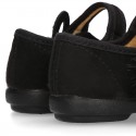 Black Autumn winter canvas little Mary Jane shoes with rabbit and POMPONS design.