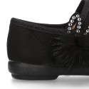 Black Autumn winter canvas little Mary Jane shoes with rabbit and POMPONS design.