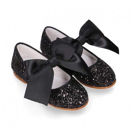 BLACK GLITTER classic Mary Jane shoes with hook and loop strap and BOW.