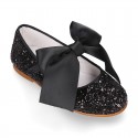 BLACK GLITTER classic Mary Jane shoes with hook and loop strap and BOW.