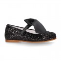 BLACK GLITTER classic Mary Jane shoes with hook and loop strap and BOW.