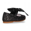 BLACK GLITTER classic Mary Jane shoes with hook and loop strap and BOW.