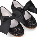 BLACK GLITTER classic Mary Jane shoes with hook and loop strap and BOW.