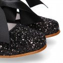 BLACK GLITTER classic Mary Jane shoes with hook and loop strap and BOW.