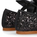 BLACK GLITTER classic Mary Jane shoes with hook and loop strap and BOW.