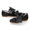 BLACK GLITTER classic Mary Jane shoes with hook and loop strap and BOW.