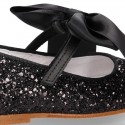 BLACK GLITTER classic Mary Jane shoes with hook and loop strap and BOW.