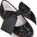 BLACK GLITTER classic Mary Jane shoes with hook and loop strap and BOW.