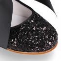 BLACK GLITTER classic Mary Jane shoes with hook and loop strap and BOW.