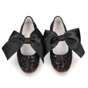 BLACK GLITTER classic Mary Jane shoes with hook and loop strap and BOW.