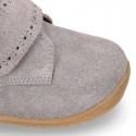 SUEDE leather OKAA FLEX kids Bootie shoes laceless with fur lining and with toe cap.