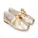 LAMINATED GOLD leather Girl Laces up shoes with silk laces.