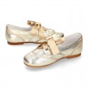 LAMINATED GOLD leather Girl Laces up shoes with silk laces.