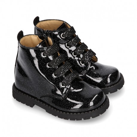 ROCK style BLACK patent finish girl boots with metal ties closure.