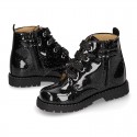 ROCK style BLACK patent finish girl boots with metal ties closure.