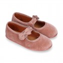 Velvet canvas little Girl Mary Jane shoes with hook and loop strap and BOW in NUDE color.