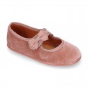 Velvet canvas little Girl Mary Jane shoes with hook and loop strap and BOW in NUDE color.