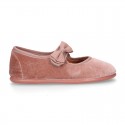 Velvet canvas little Girl Mary Jane shoes with hook and loop strap and BOW in NUDE color.