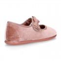 Velvet canvas little Girl Mary Jane shoes with hook and loop strap and BOW in NUDE color.