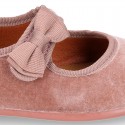 Velvet canvas little Girl Mary Jane shoes with hook and loop strap and BOW in NUDE color.