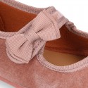 Velvet canvas little Girl Mary Jane shoes with hook and loop strap and BOW in NUDE color.