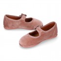 Velvet canvas little Girl Mary Jane shoes with hook and loop strap and BOW in NUDE color.