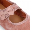 Velvet canvas little Girl Mary Jane shoes with hook and loop strap and BOW in NUDE color.