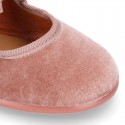 Velvet canvas little Girl Mary Jane shoes with hook and loop strap and BOW in NUDE color.