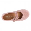 Velvet canvas little Girl Mary Jane shoes with hook and loop strap and BOW in NUDE color.