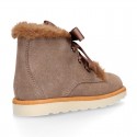 Girl safari boots with SILK ties closure and fake hair neck in Suede leather.