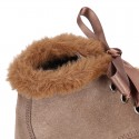 Girl safari boots with SILK ties closure and fake hair neck in Suede leather.