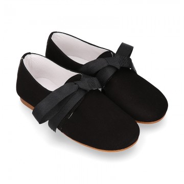 BLACK SOFT SUEDE leather Kids Laces up shoes with laces.