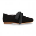 BLACK SOFT SUEDE leather Kids Laces up shoes with laces.