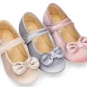 Shiny Velvet canvas girl Mary Jane shoes with RIBBON design.