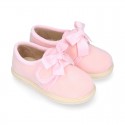 Girl Soft Wool knit home shoes with hook and loop strap closure with RIBBON design.