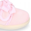 Girl Soft Wool knit home shoes with hook and loop strap closure with RIBBON design.