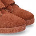 TAN color Suede leather little bootie sneaker style with fake hair lining and laceless.