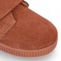 TAN color Suede leather little bootie sneaker style with fake hair lining and laceless.