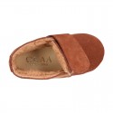 TAN color Suede leather little bootie sneaker style with fake hair lining and laceless.