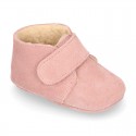 Suede leather Baby safari boots laceless and with wool knit lining.