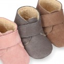 Suede leather Baby safari boots laceless and with wool knit lining.