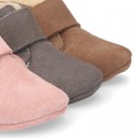 Suede leather Baby safari boots laceless and with wool knit lining.