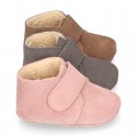 Suede leather Baby safari boots laceless and with wool knit lining.