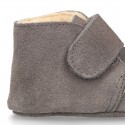 Suede leather Baby safari boots laceless and with wool knit lining.