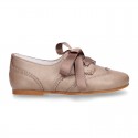 LAMINATED COPPER leather Girl Laces up shoes with silk laces.